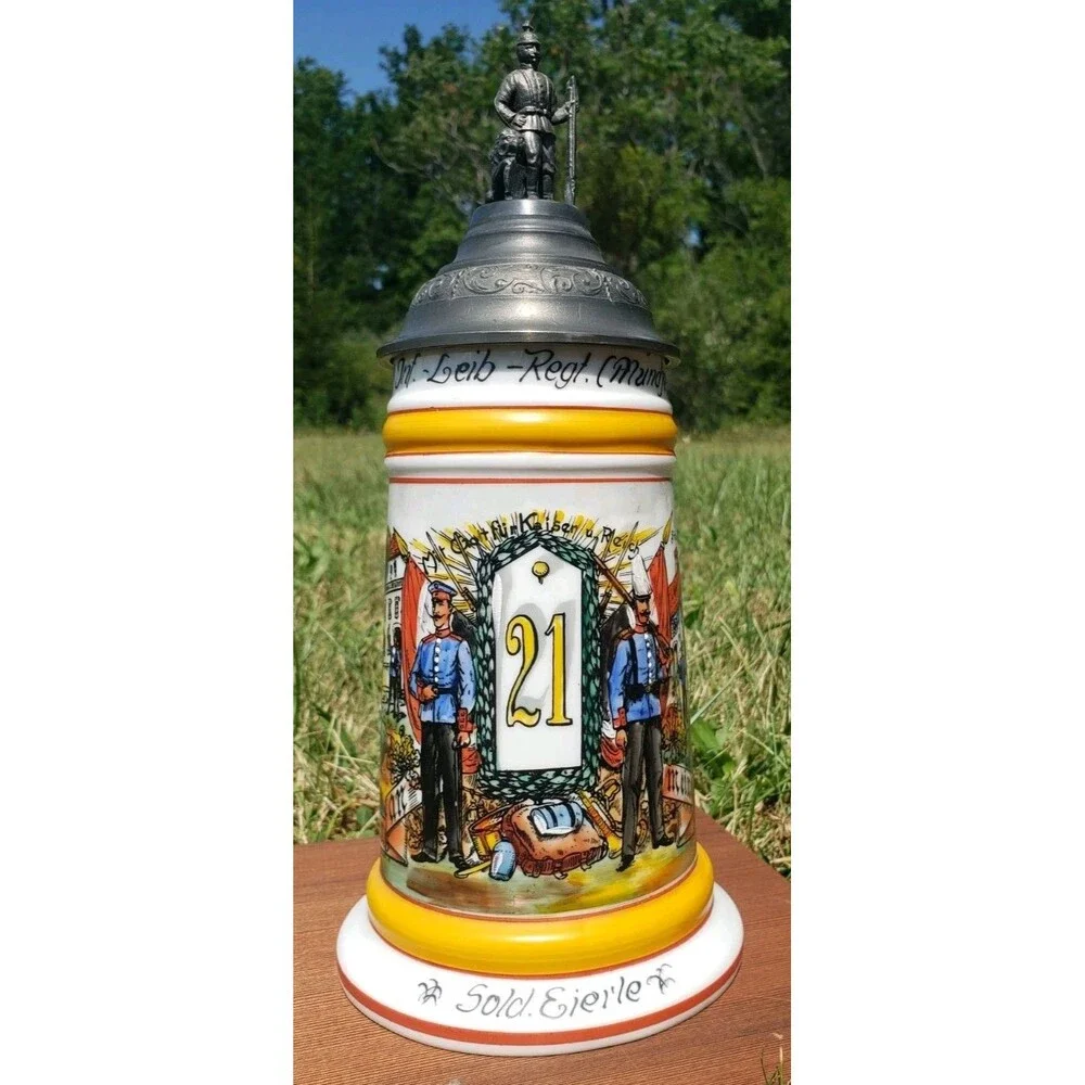 German Regimental Beer Stein Konig Munich Lithopane 1907-10 w/Pewter Lid Handle